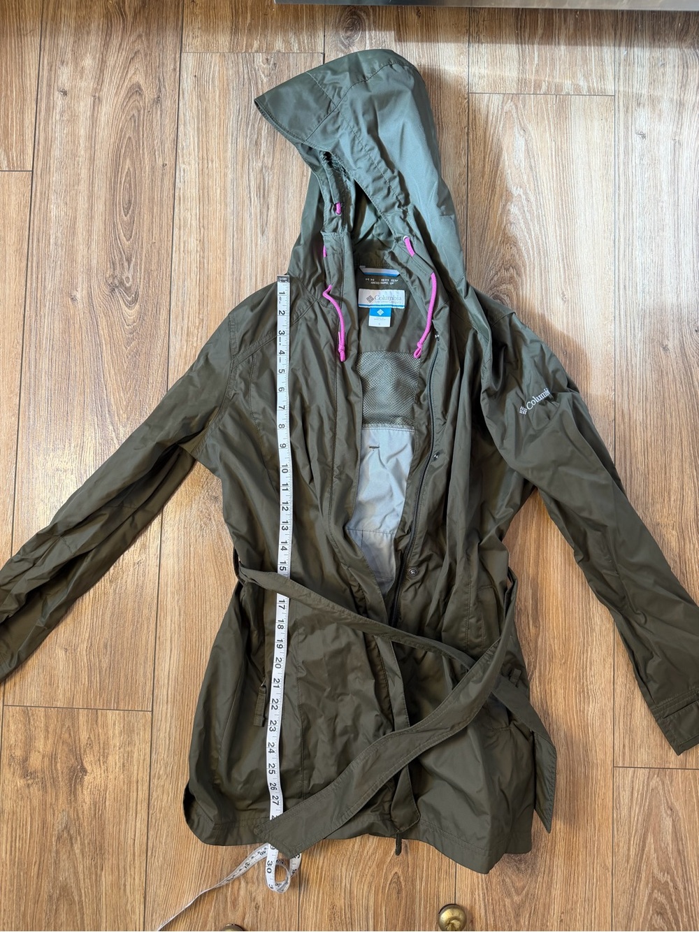 Columbia Olive Green Hooded Trench Rain Jacket with Belt
